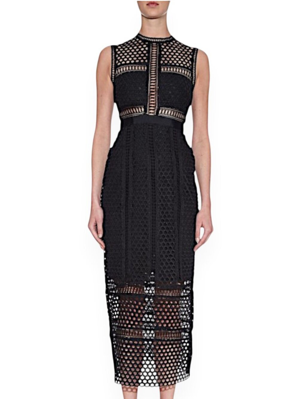 Self-Portrait Black Crochet Lace Long Midi Column Tiered Dress New NWOT 6